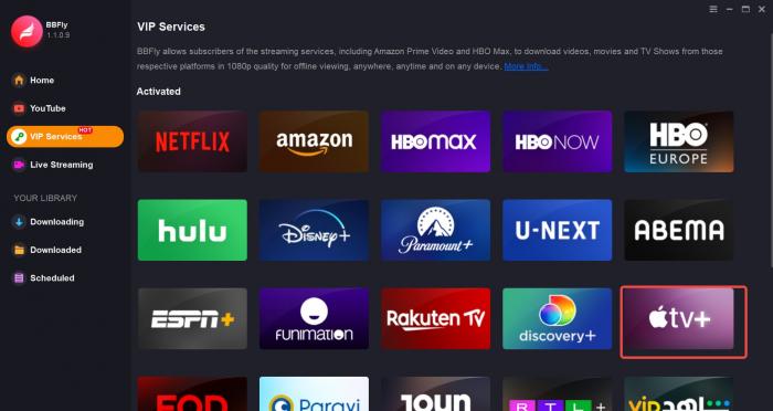 BBFly Apple TV Downloader main window showing supported streaming services