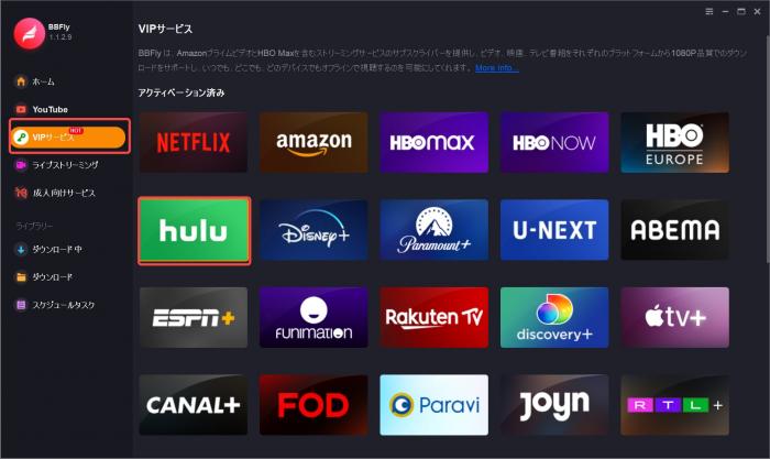 Selección del servicio Hulu en BBFly Downloader